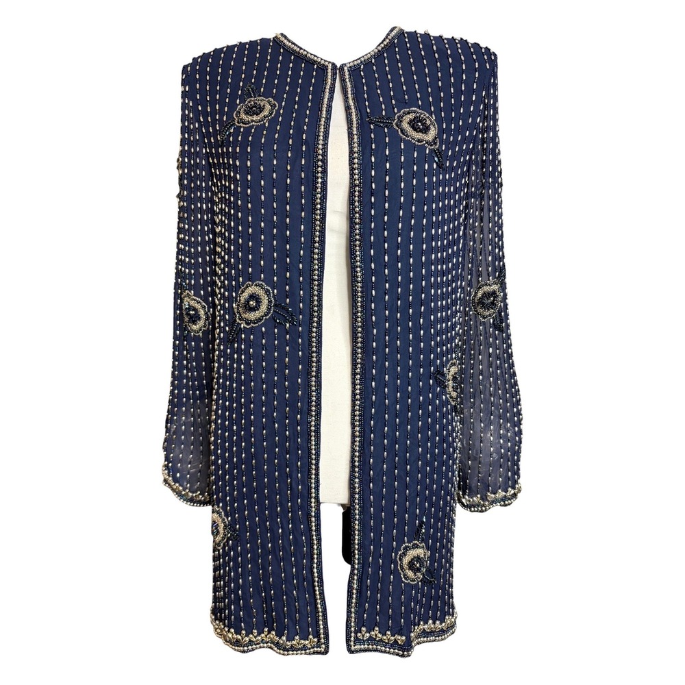 Almashat Vintage Silk Beaded Jacket M Navy Silver Floral Evening Whimsigoth